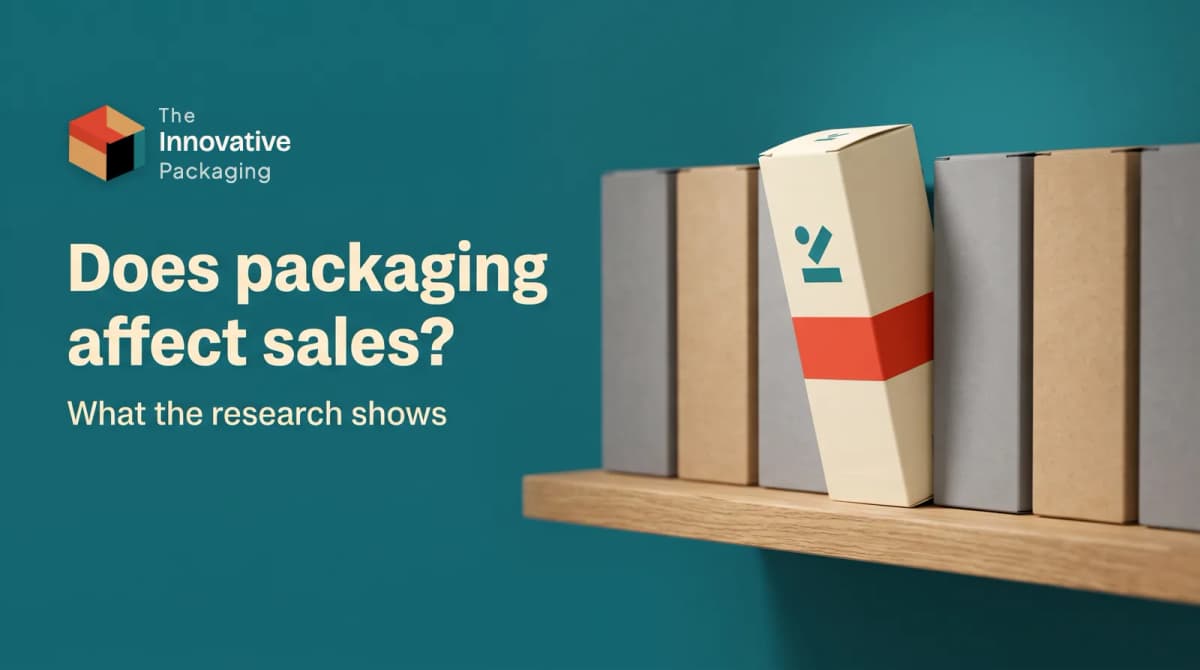 Does packaging affect sales: a cream custom printed carton with a coral band stands out on a wooden shelf among plain grey and kraft boxes