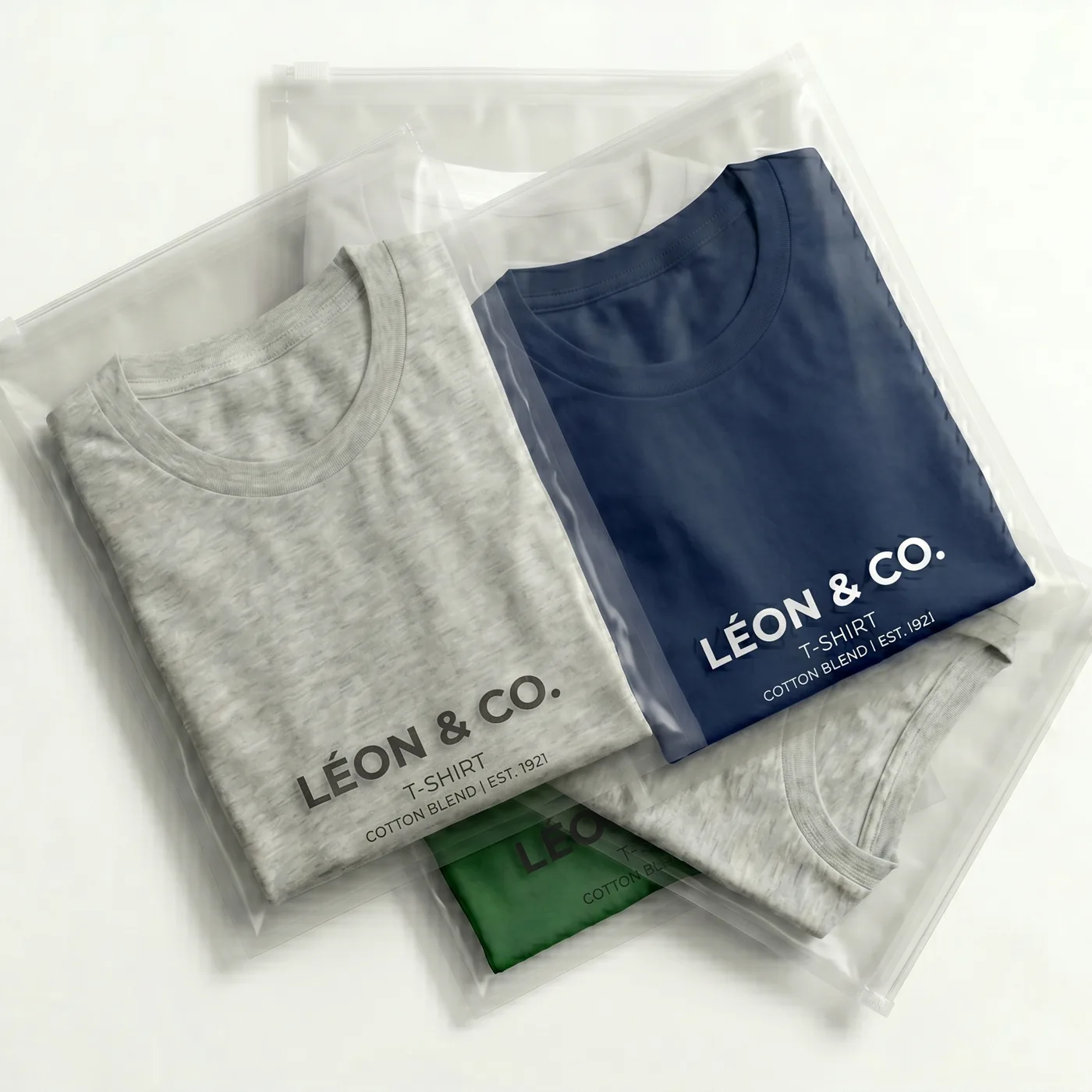 Custom printed frosted zipper bags holding folded t-shirts