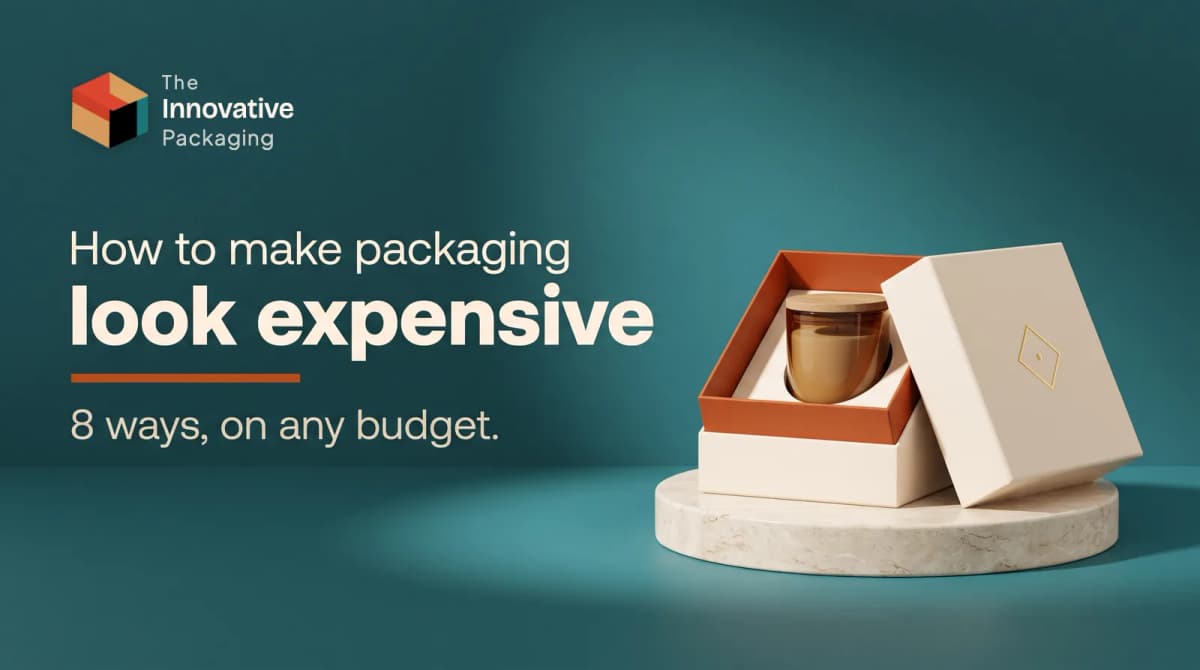 How to make packaging look expensive: a cream soft-touch rigid box with a gold foil mark and an orange printed interior holding a candle, on a stone plinth