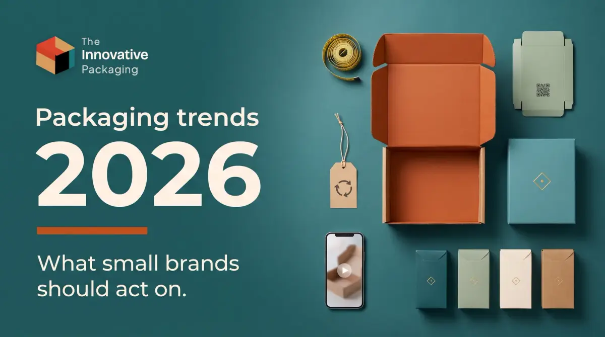 Packaging trends 2026: a flat lay of a mailer box, tape measure, recycling tag, QR code carton, phone and a matching range of cartons on teal
