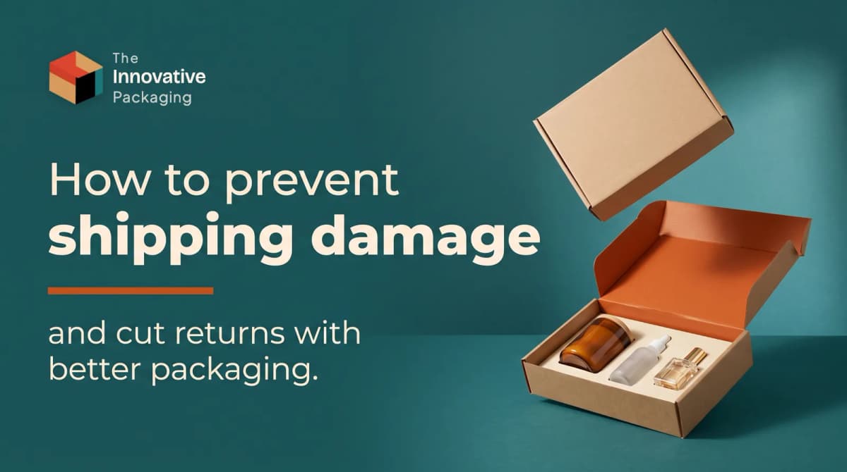 How to prevent shipping damage: a closed mailer box falling above an open mailer with a fitted insert holding a candle jar, serum bottle and perfume