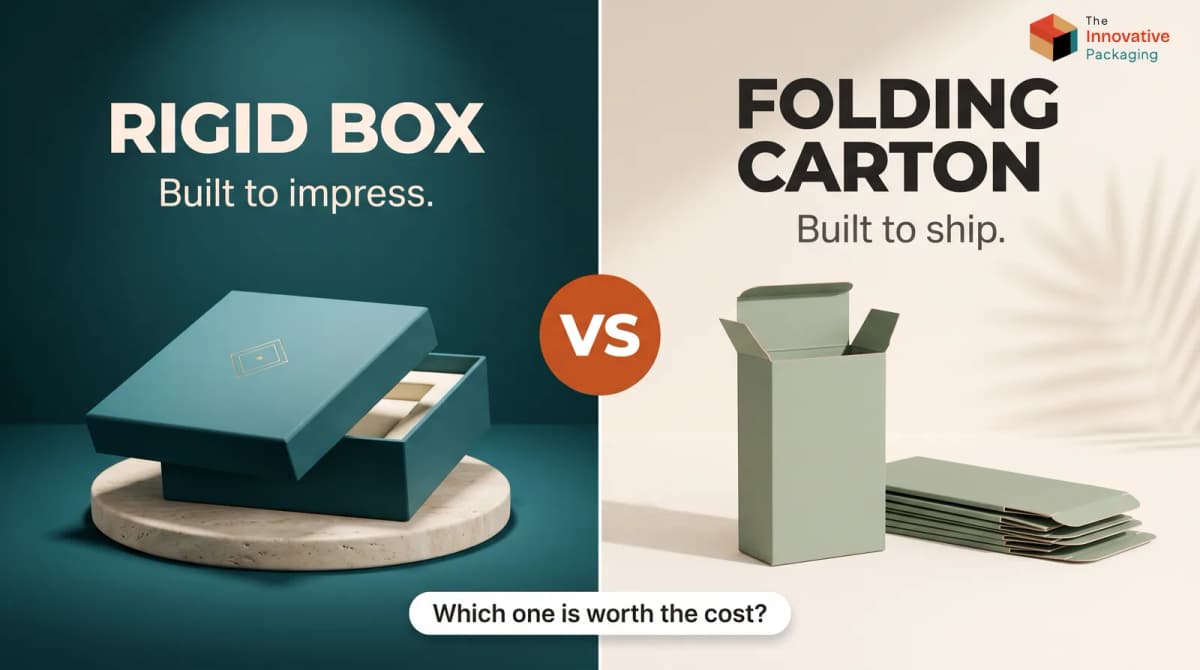 Split-screen comparison: a rigid box built to impress next to a folding carton built to ship