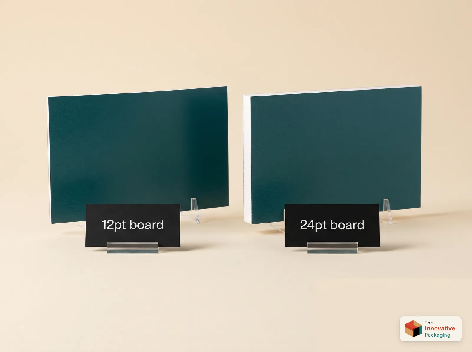 Cut edges of two teal paperboard samples side by side, a thin 12pt board and a much thicker 24pt board