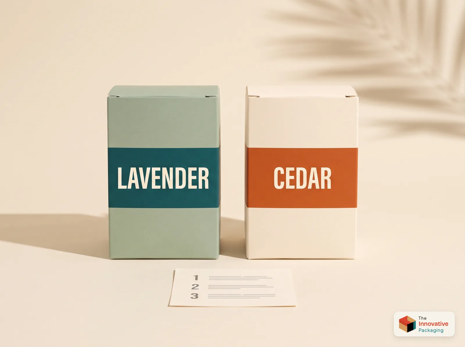 Two candle cartons with the same layout, a sage box with a teal band reading LAVENDER and a cream box with an orange band reading CEDAR, beside a numbered instruction card