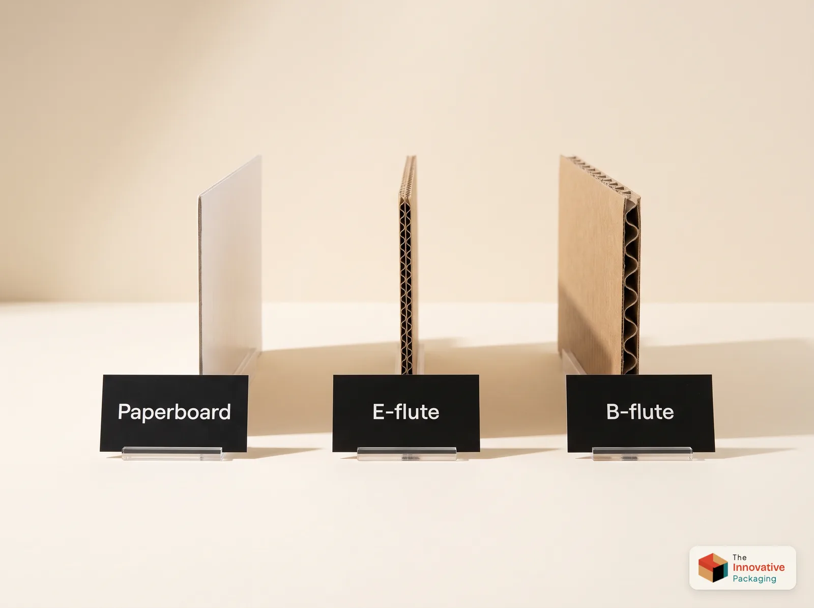 Cut edges of three board samples side by side: thin solid paperboard, thin E-flute corrugated and thicker B-flute corrugated