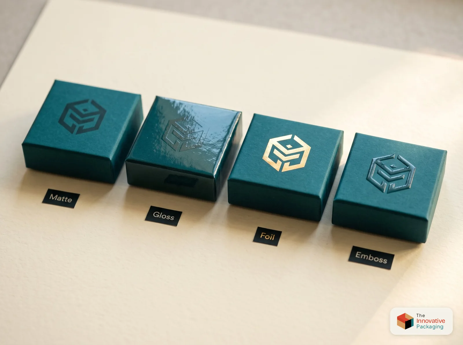 Four custom box finishes compared on the same teal box: matte, gloss, foil and embossed