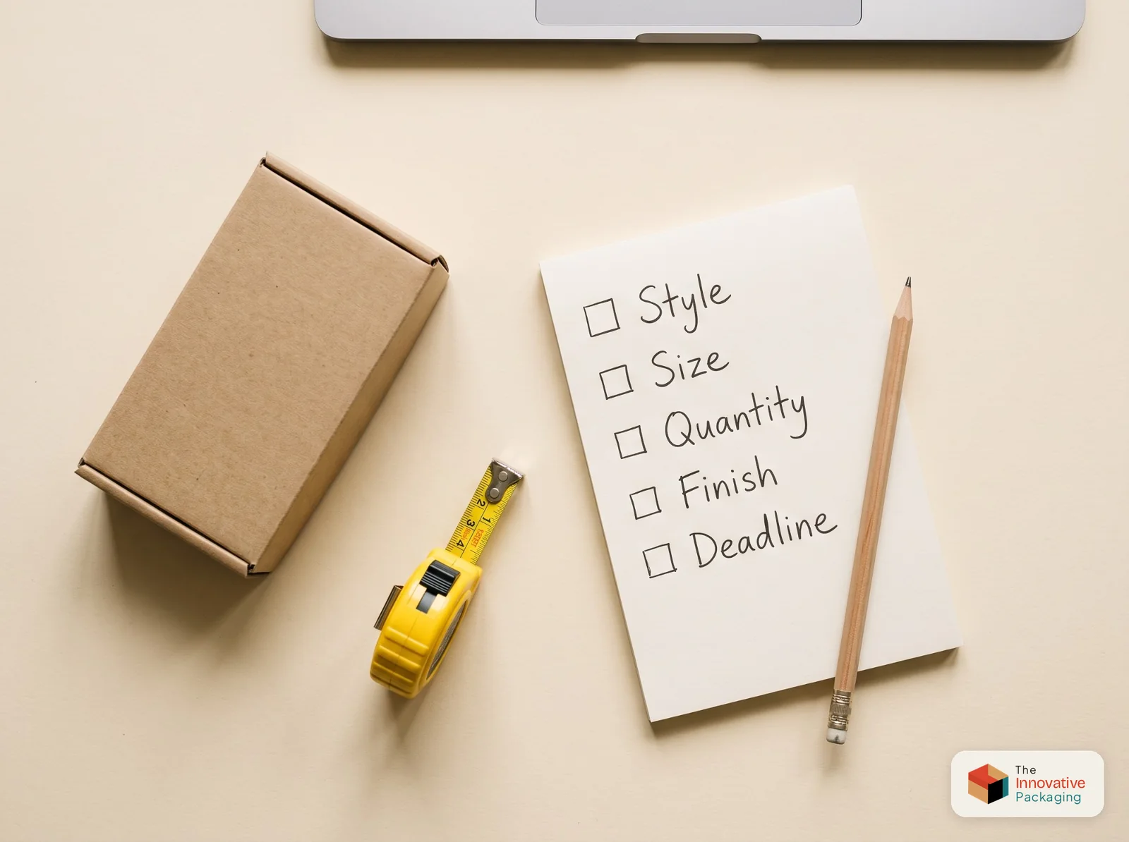 Notepad checklist for getting a custom box quote: style, size, quantity, finish and deadline