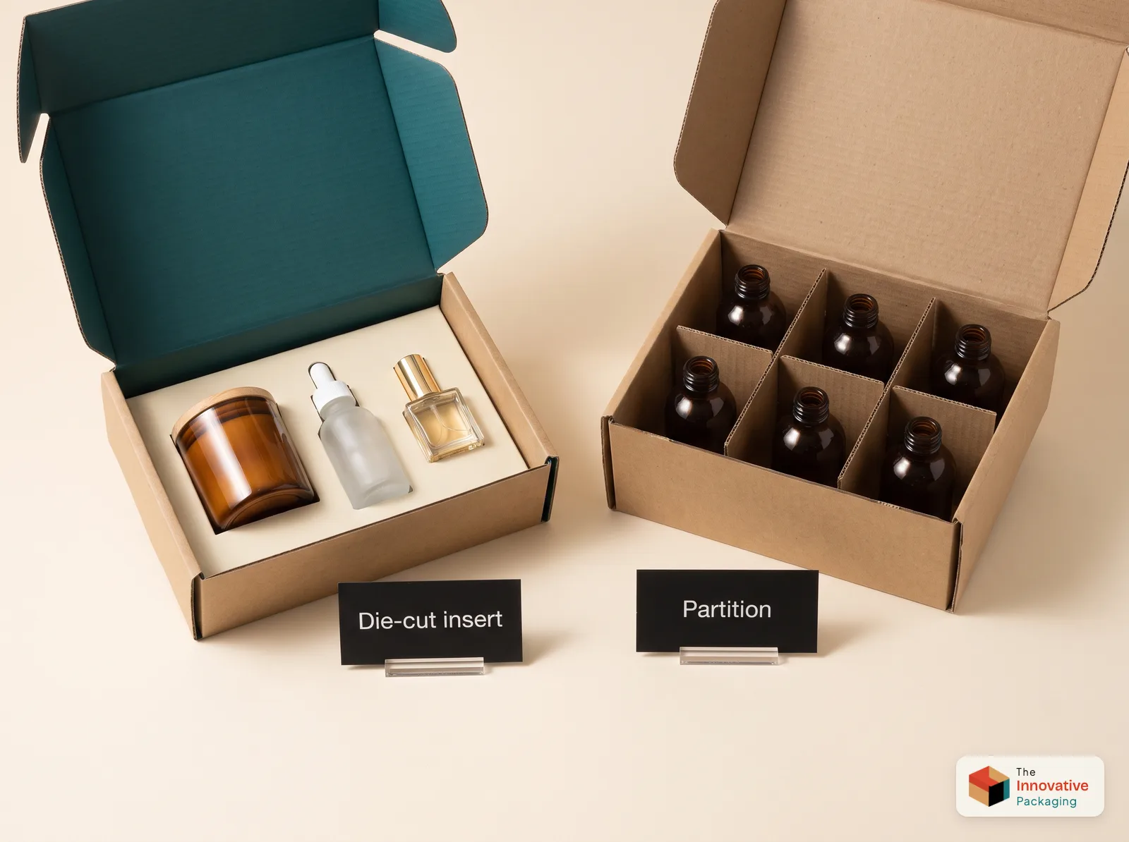 A mailer box with a die-cut insert holding a candle jar, serum bottle and perfume next to a box with a partition holding six amber bottles