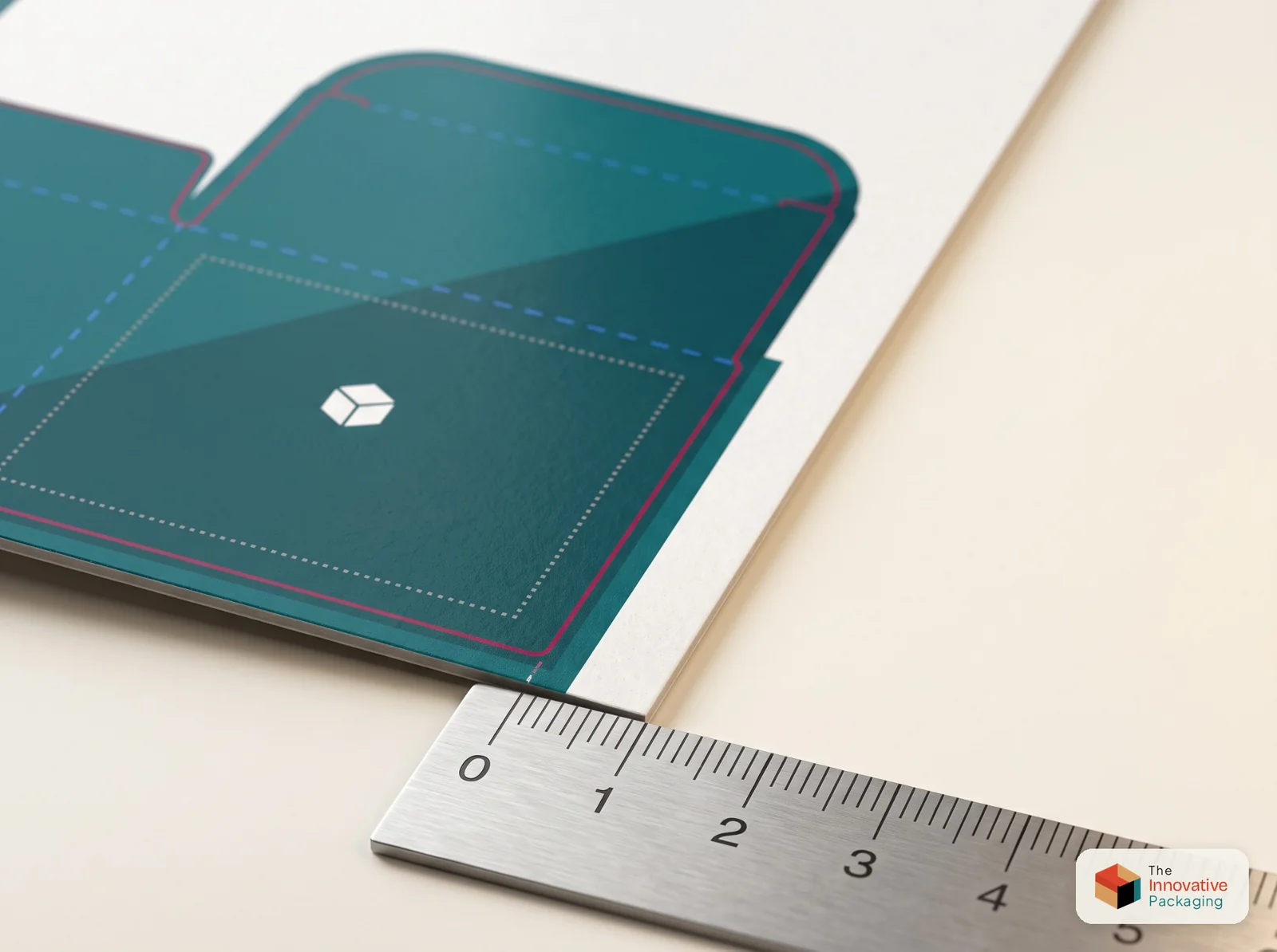 Printed box sheet showing bleed past the red cut line and a dotted safety margin inside it