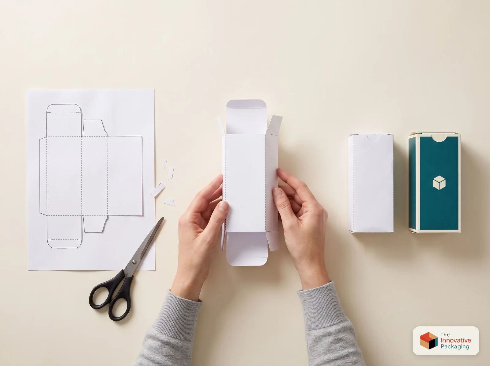 Paper mock-up of a dieline cut out, folded by hand, and compared with the final printed box