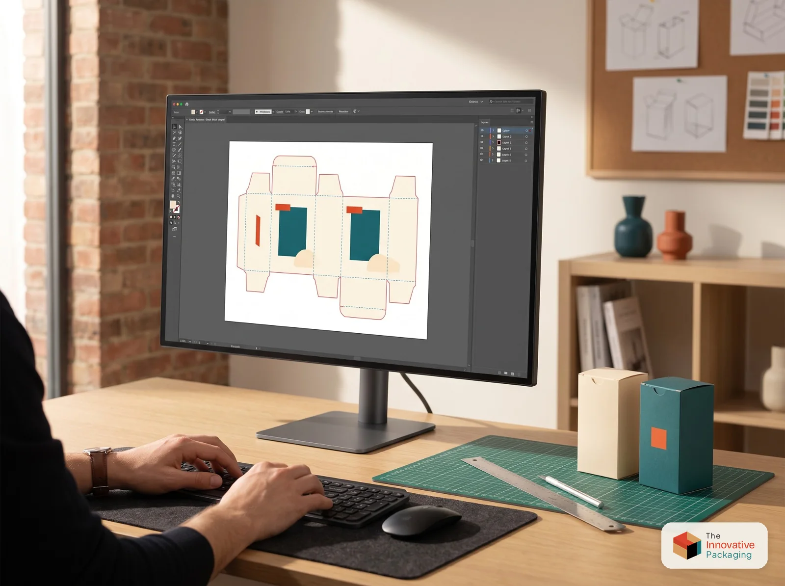 Designer making a box dieline in Illustrator, with a cutting mat and finished tuck end boxes on the desk