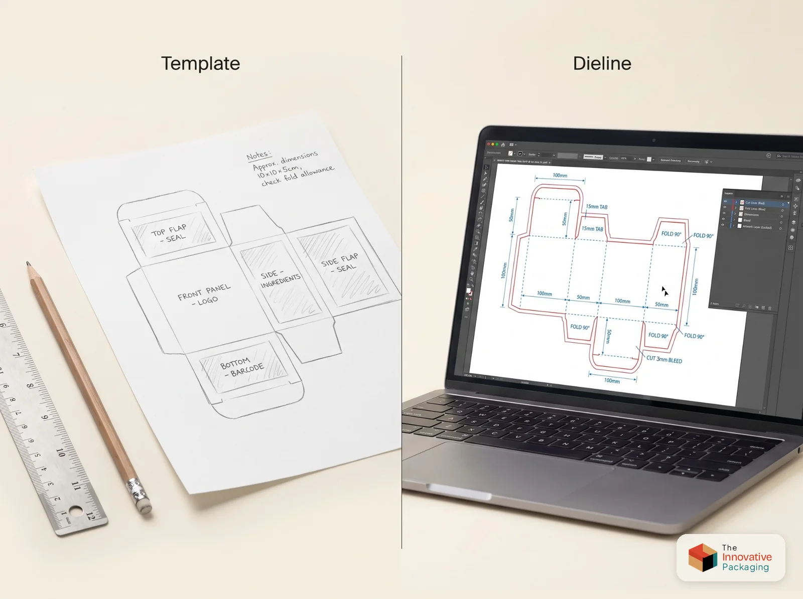 Hand-drawn box template on paper next to a precise dieline with measurements in Illustrator