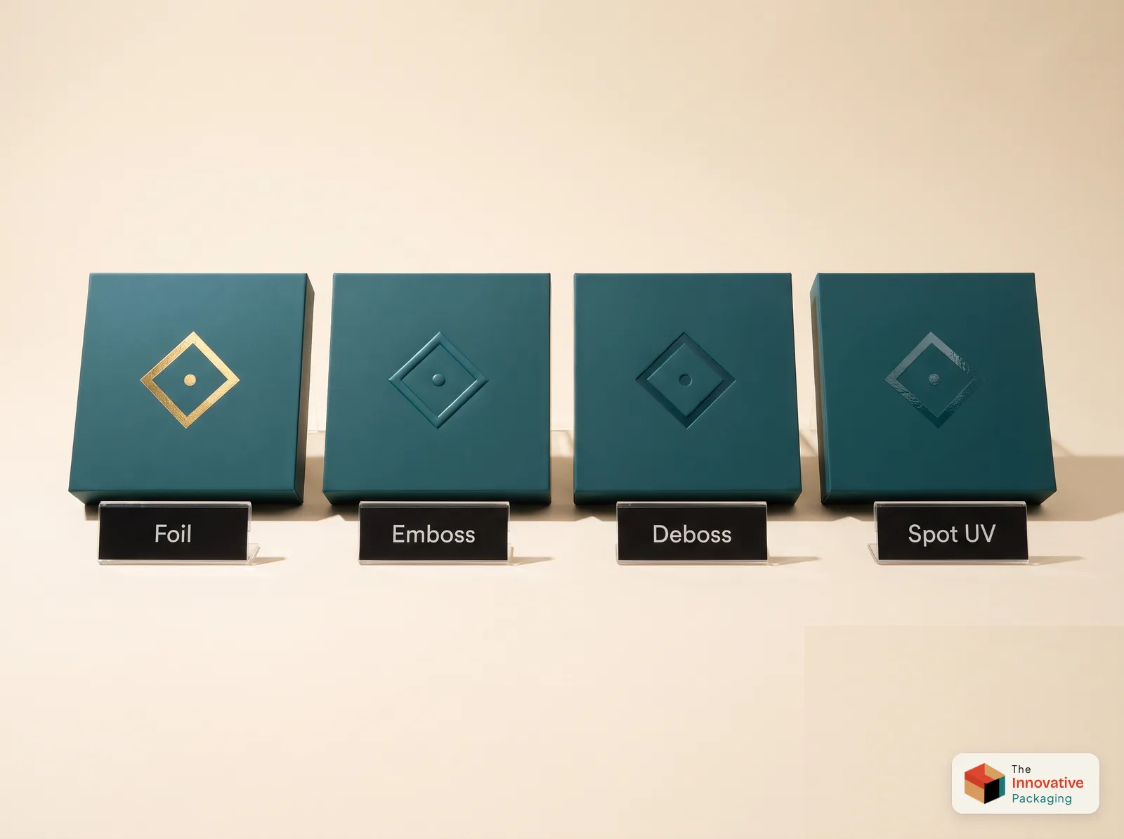 Four teal box lids showing the same diamond logo in gold foil, embossed, debossed and spot UV