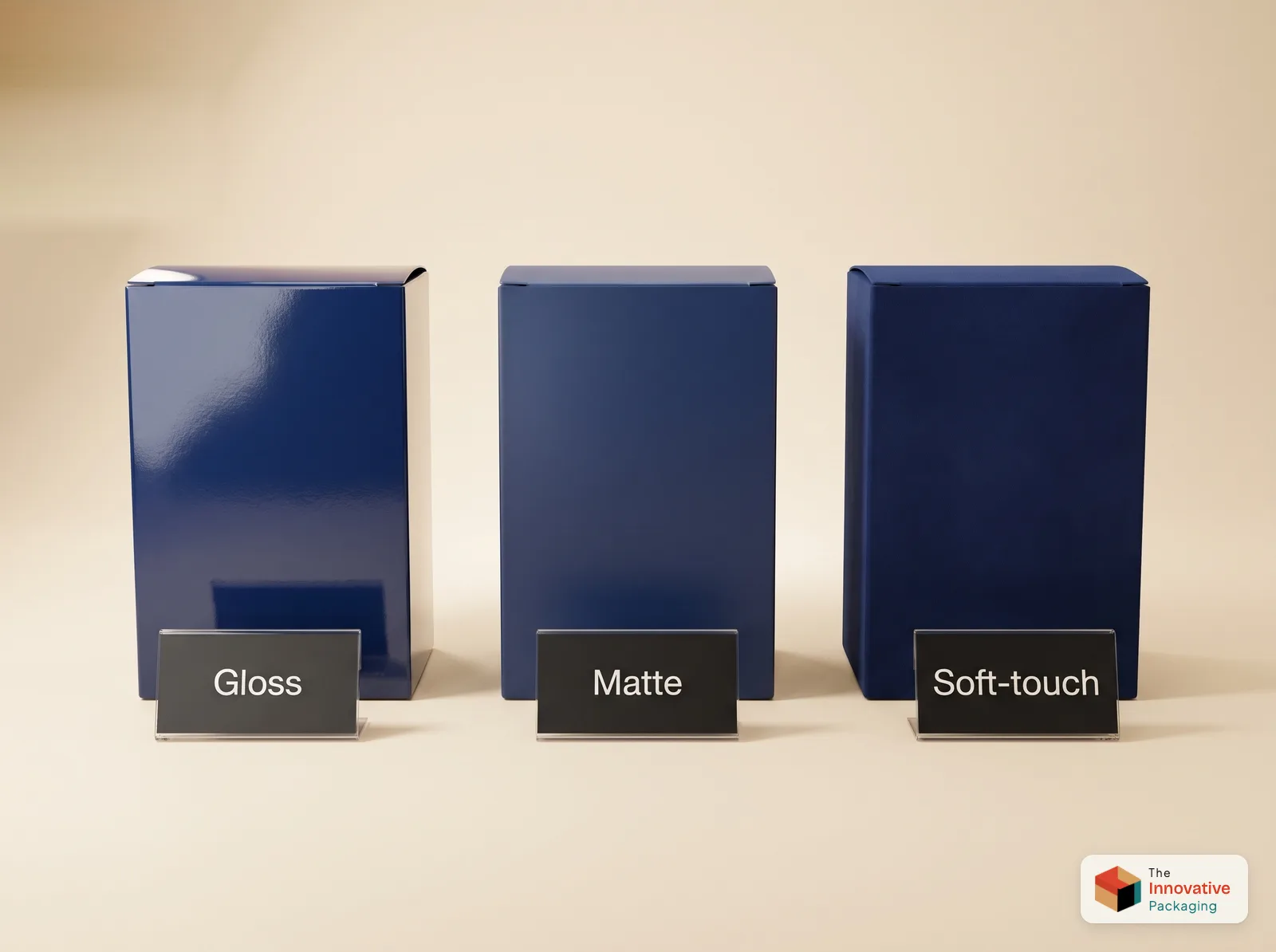 Three identical navy cartons in gloss, matte and soft-touch finishes, with the gloss box reflecting light and the soft-touch box looking deepest