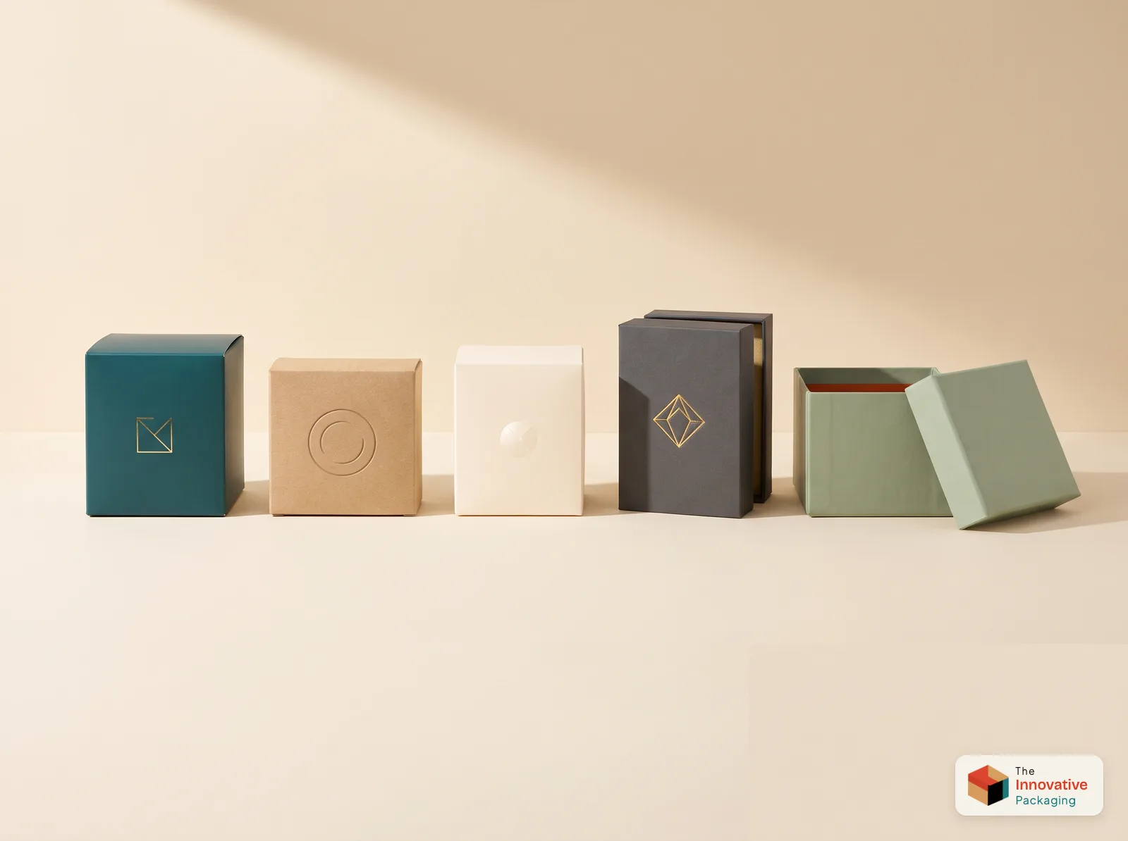Five premium boxes in a calm palette: a teal candle carton with foil, a kraft soap box with a deboss, a cream skincare carton, a charcoal rigid perfume box and a sage gift box