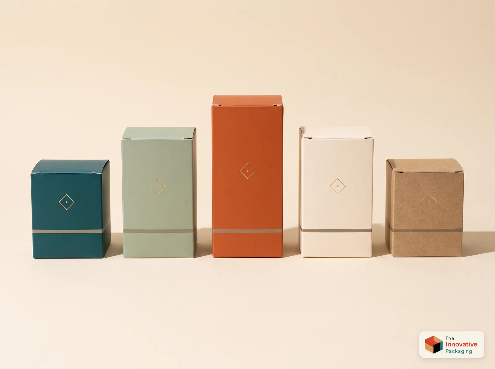 Five tuck end cartons in teal, sage, orange, cream and kraft, each with the same gold diamond mark and band in the same position