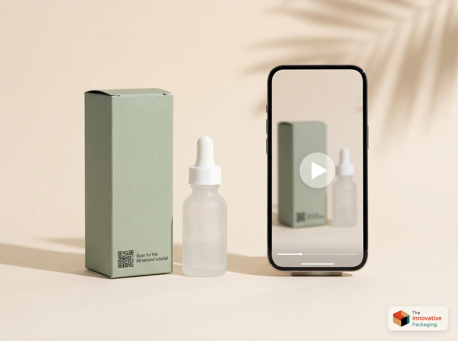 A sage green serum carton with a QR code and the line Scan for the 60-second tutorial, next to a phone playing a tutorial video