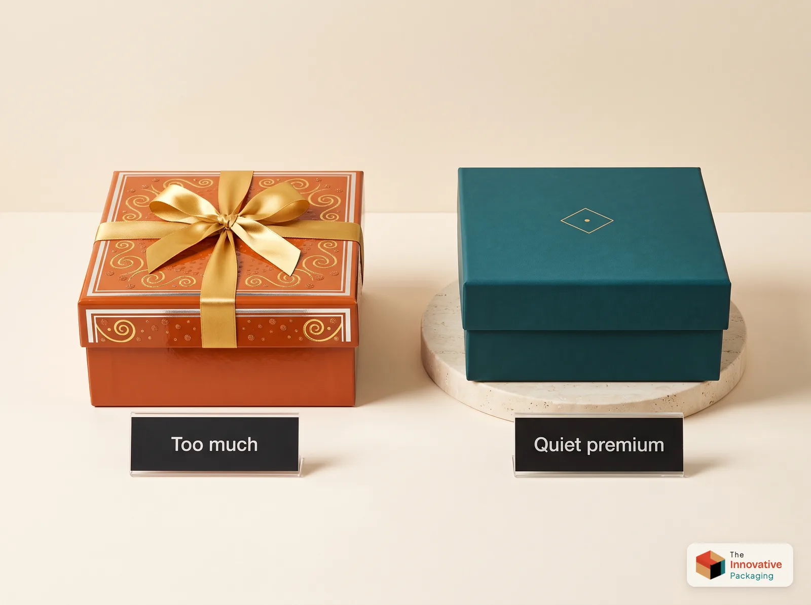 An orange gift box covered in foil swirls, glitter and a gold bow next to a matte teal box with one small gold foil mark