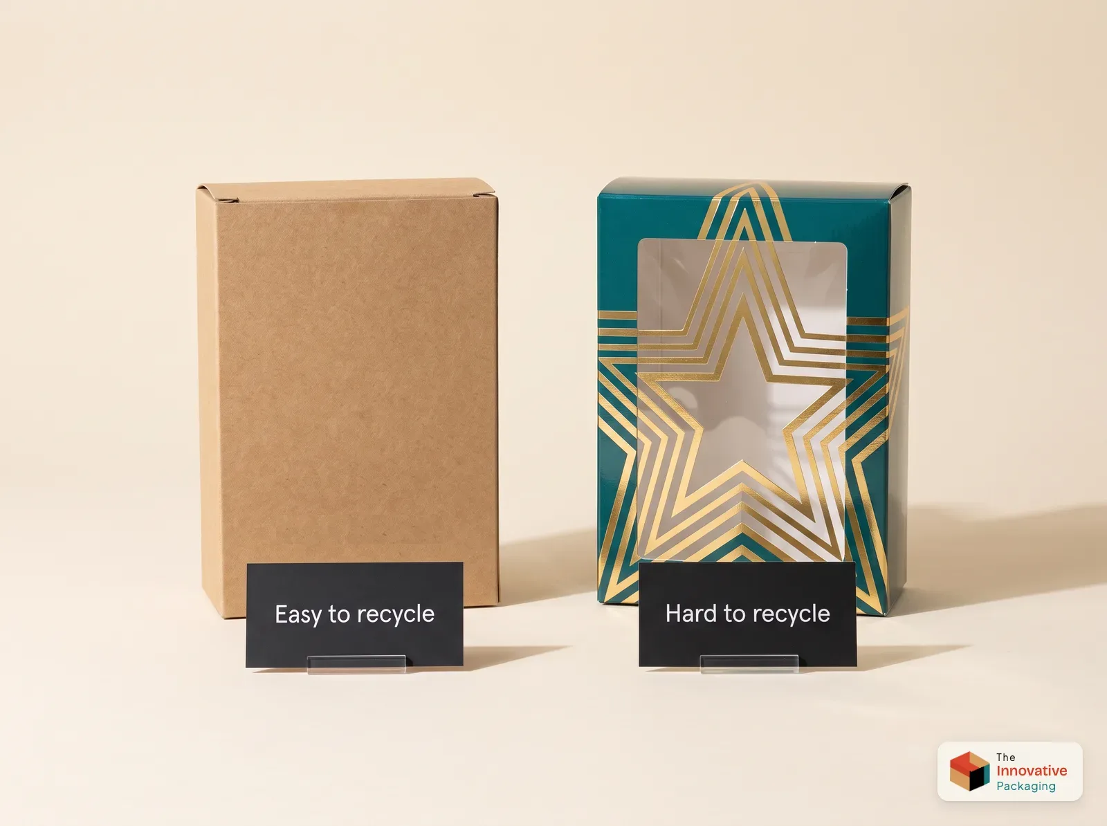 An uncoated kraft carton next to a glossy teal carton with gold foil and a plastic window
