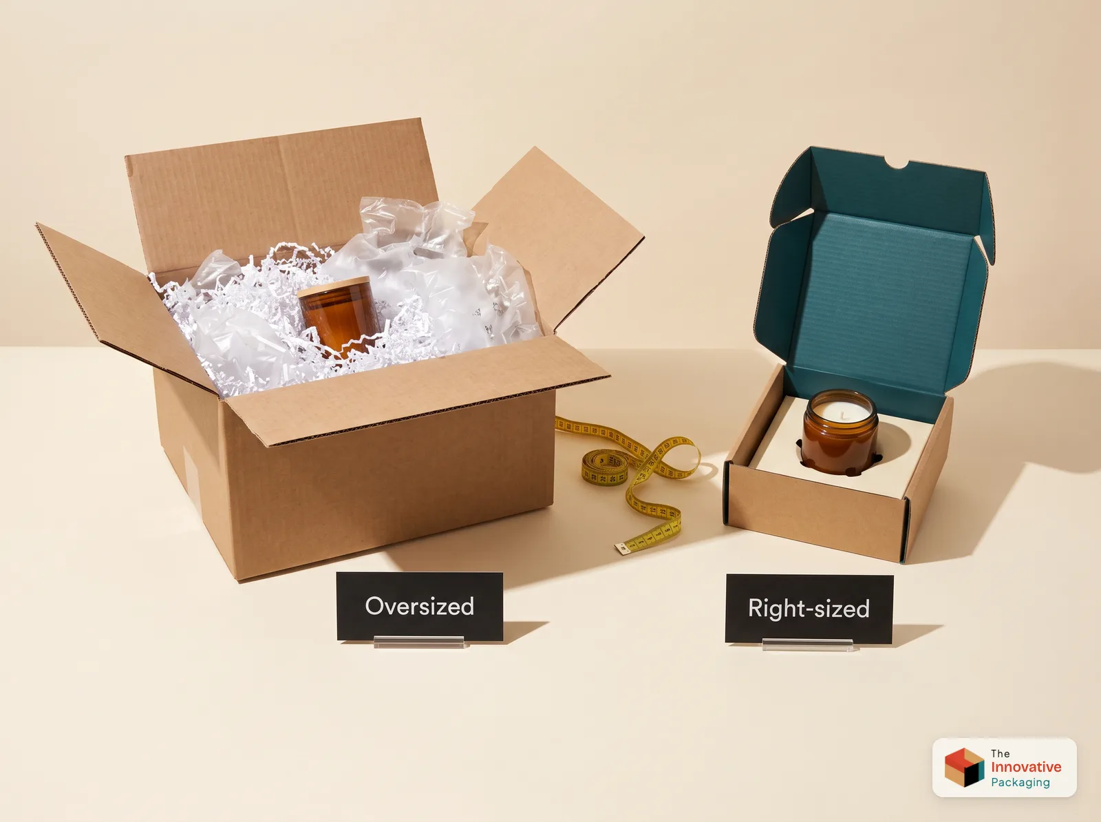A candle jar lost in crinkle paper and air pillows in a large shipping box, next to the same candle held in a fitted insert inside a small mailer box