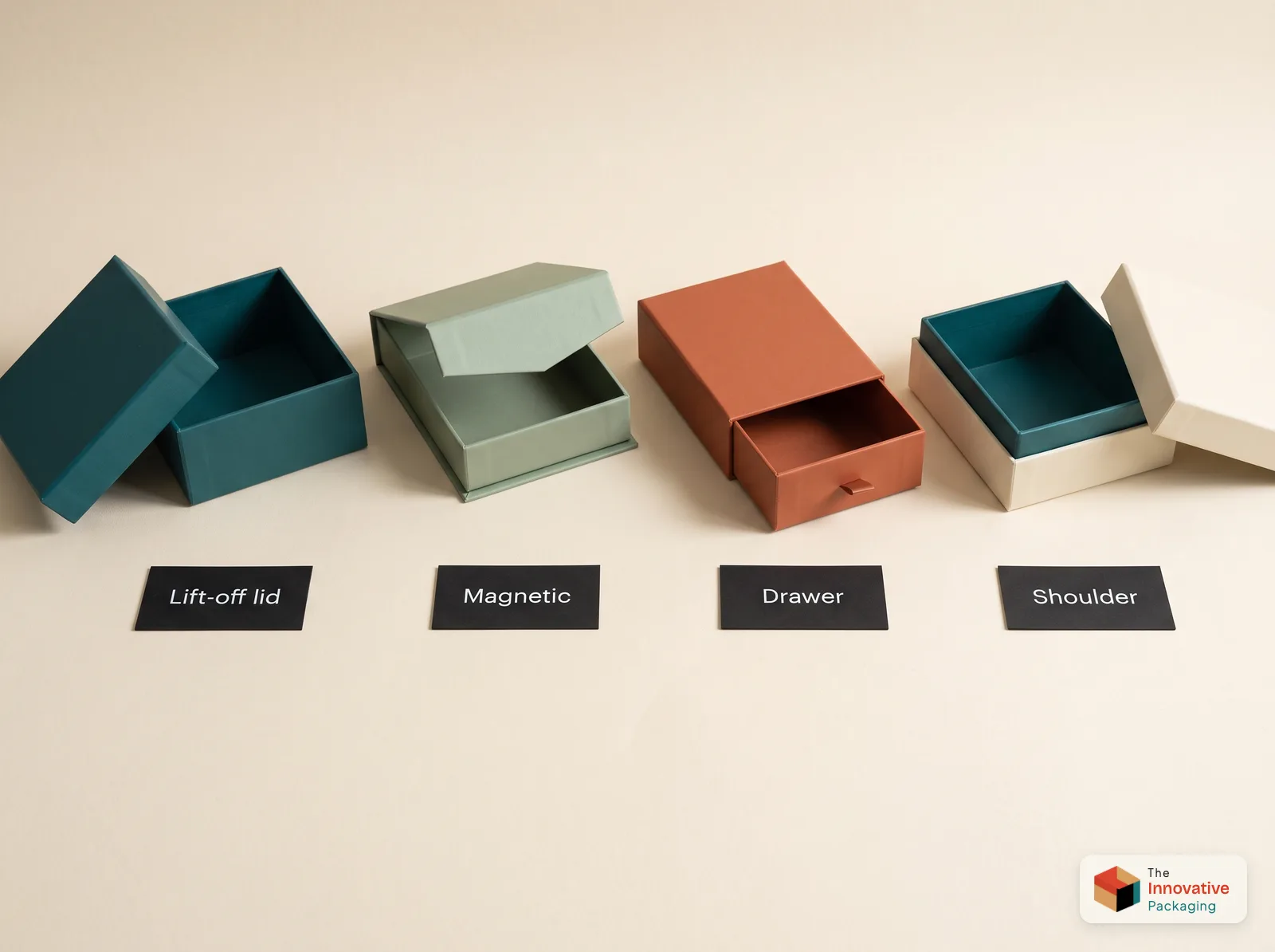 Four rigid box styles: lift-off lid, magnetic closure, drawer box and shoulder box