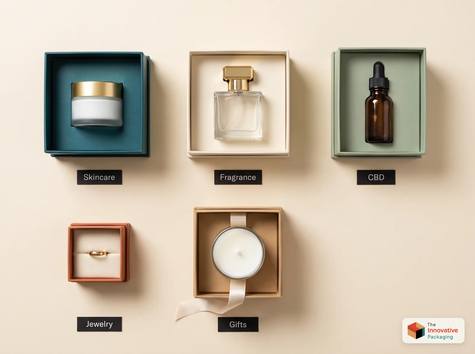 Rigid boxes for skincare, fragrance, CBD, jewelry and gifts, each with its product inside