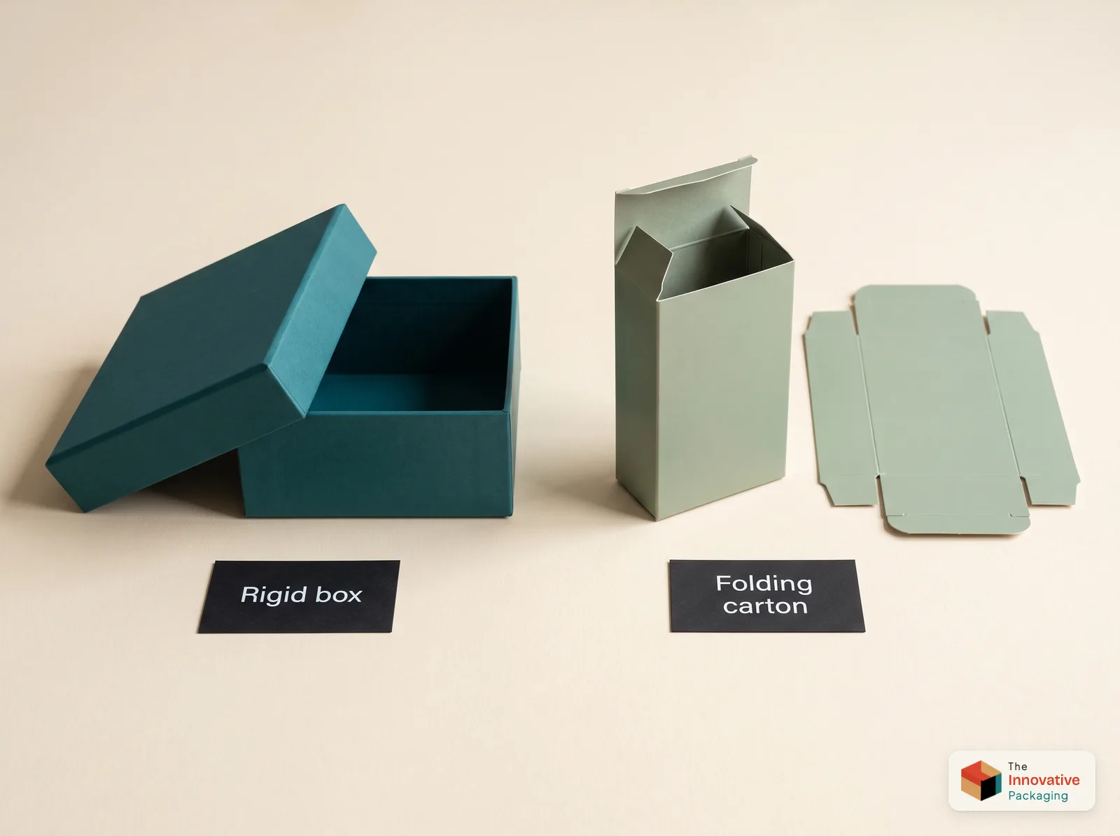 A rigid box with thick chipboard walls next to a folding carton and its flat paperboard blank