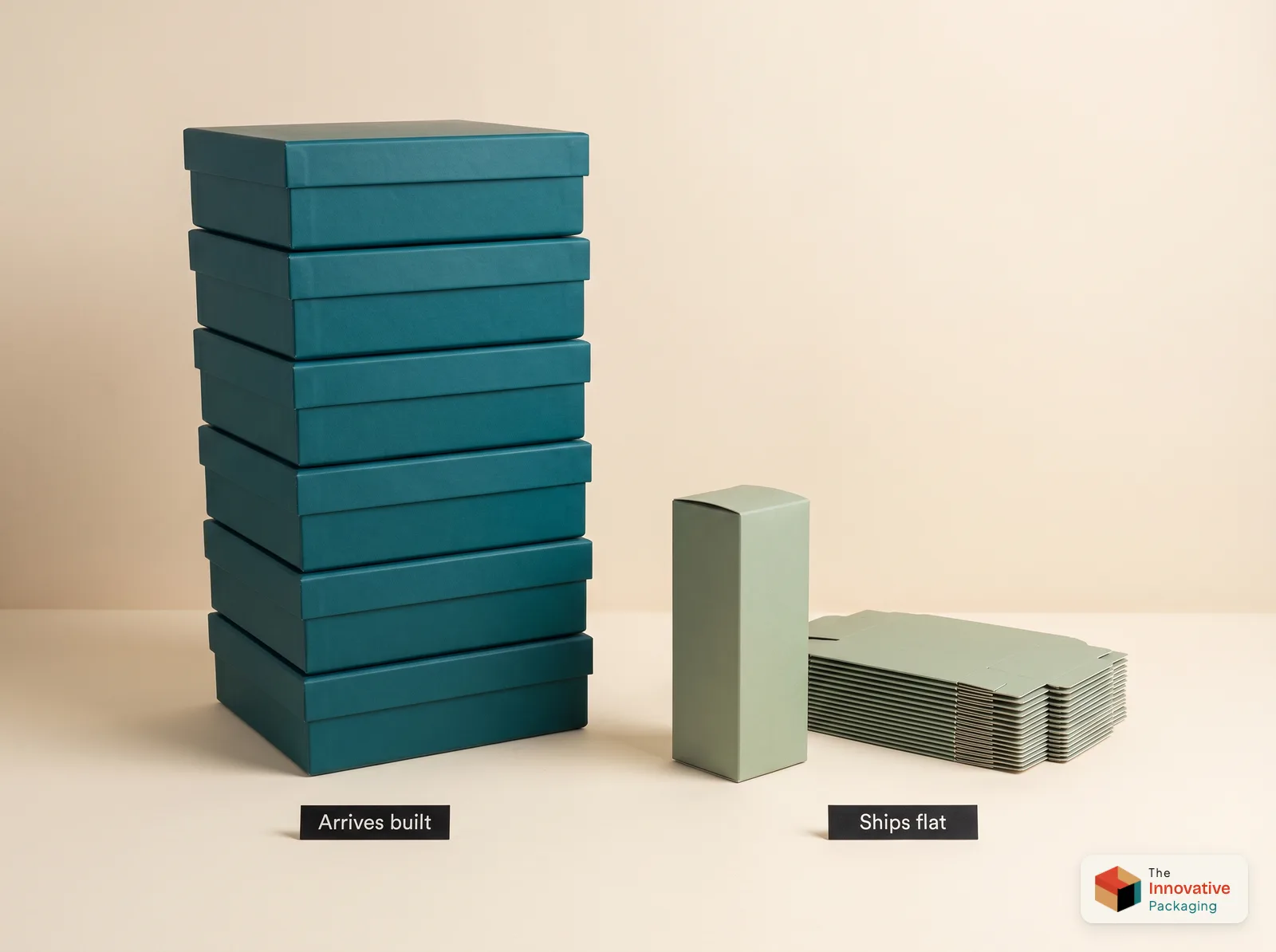 A tall stack of built rigid boxes next to a short pile of flat-packed folding cartons