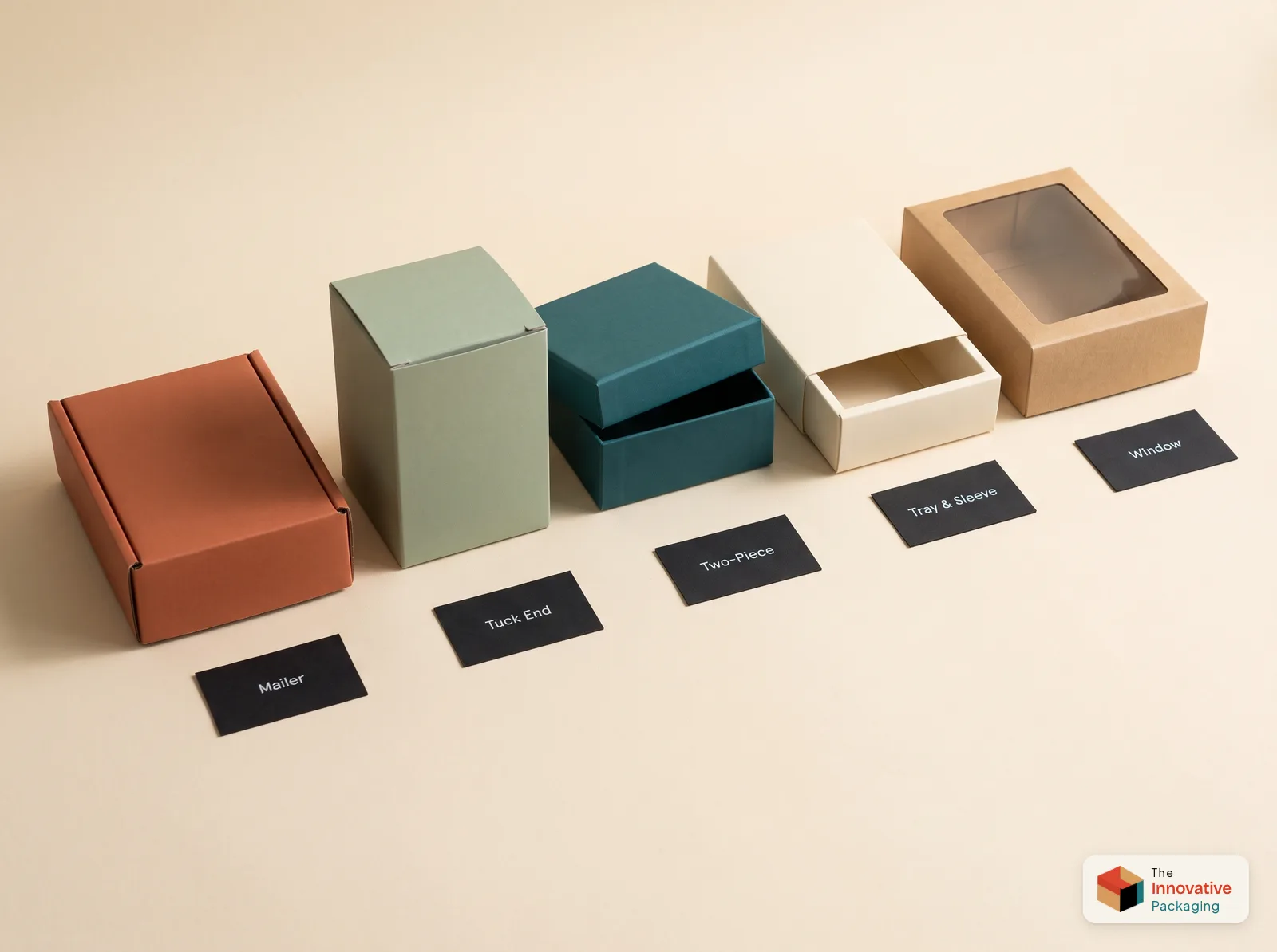 Five custom box styles side by side: mailer, tuck end, two-piece, tray and sleeve, and window box