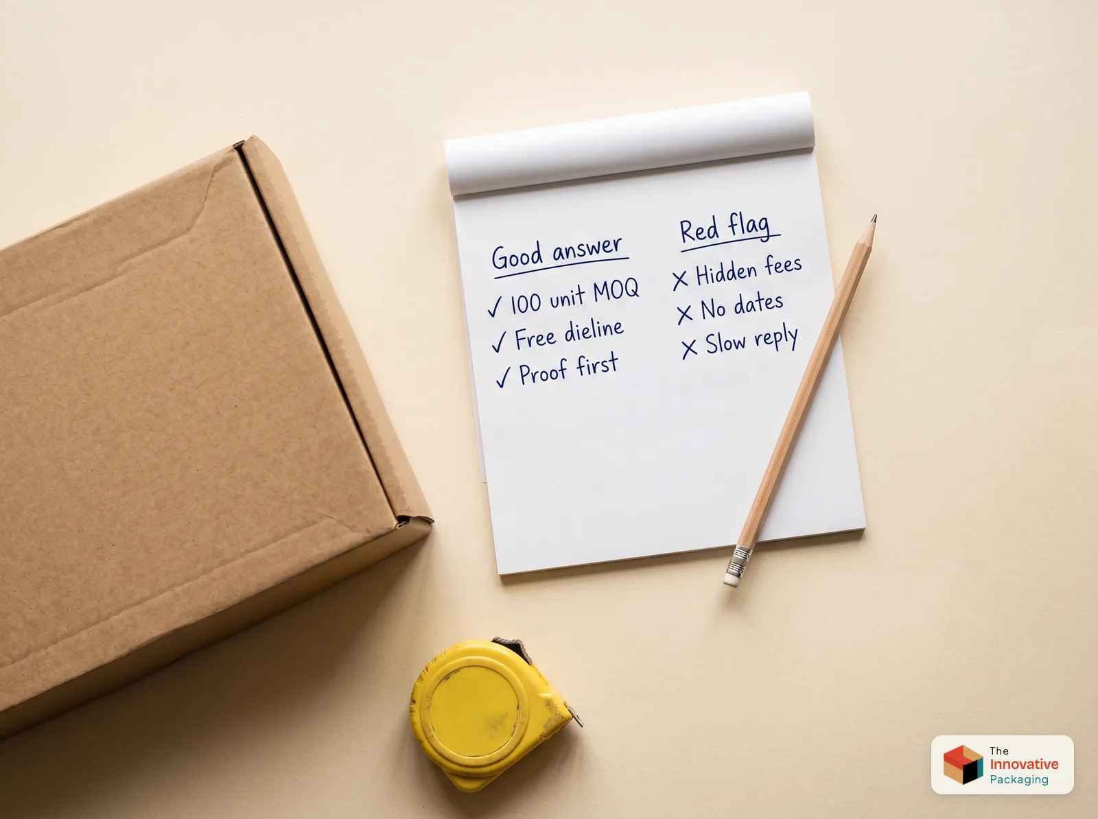 Notepad comparing two packaging suppliers with good answers ticked and red flags crossed out