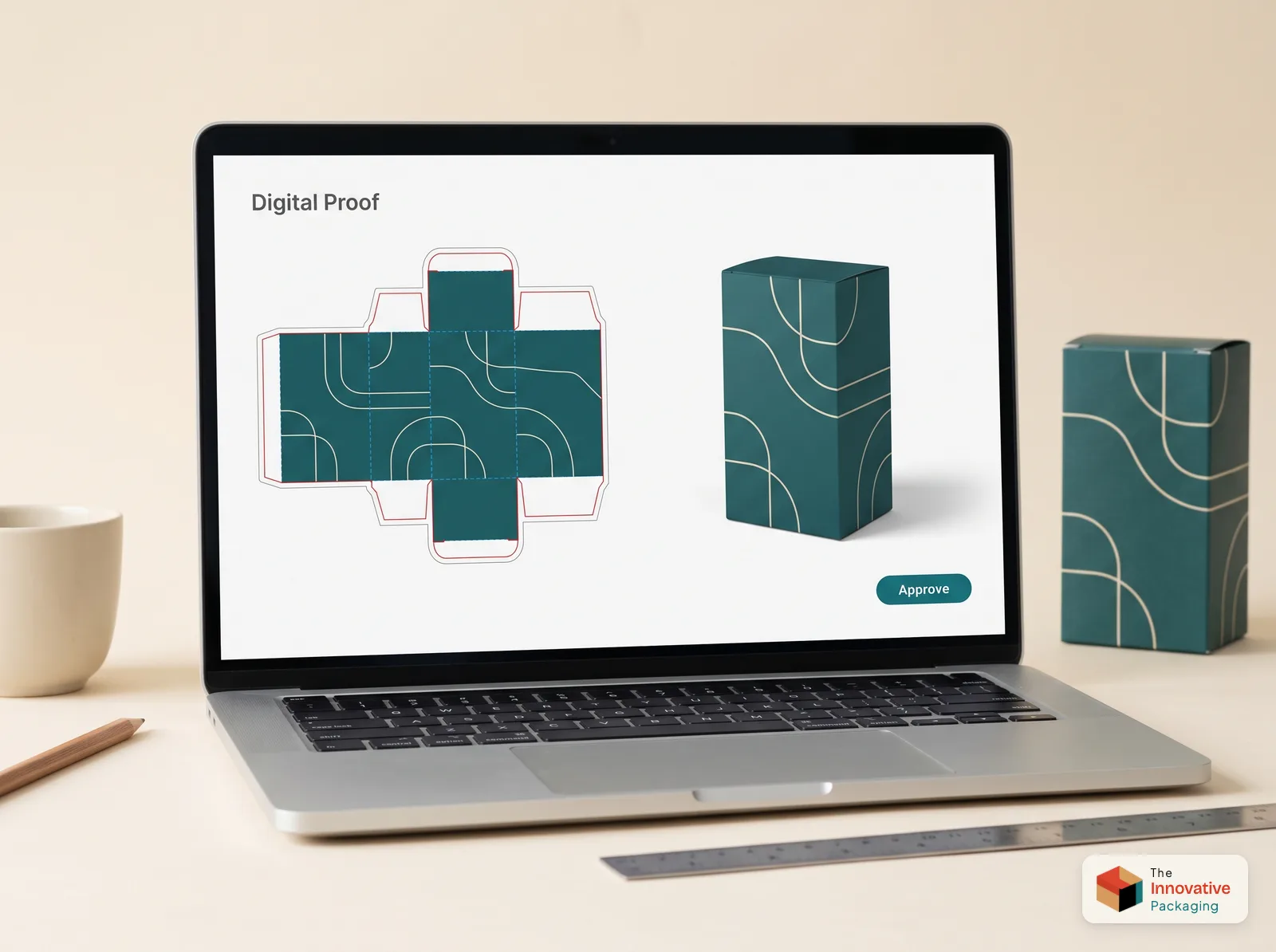 Digital proof of a custom box on a laptop, showing the flat dieline and a 3D preview before printing