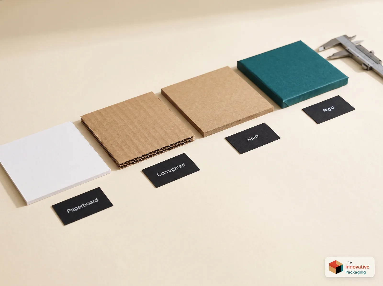 Four packaging board samples compared: paperboard, corrugated, kraft and rigid board, with edges showing thickness