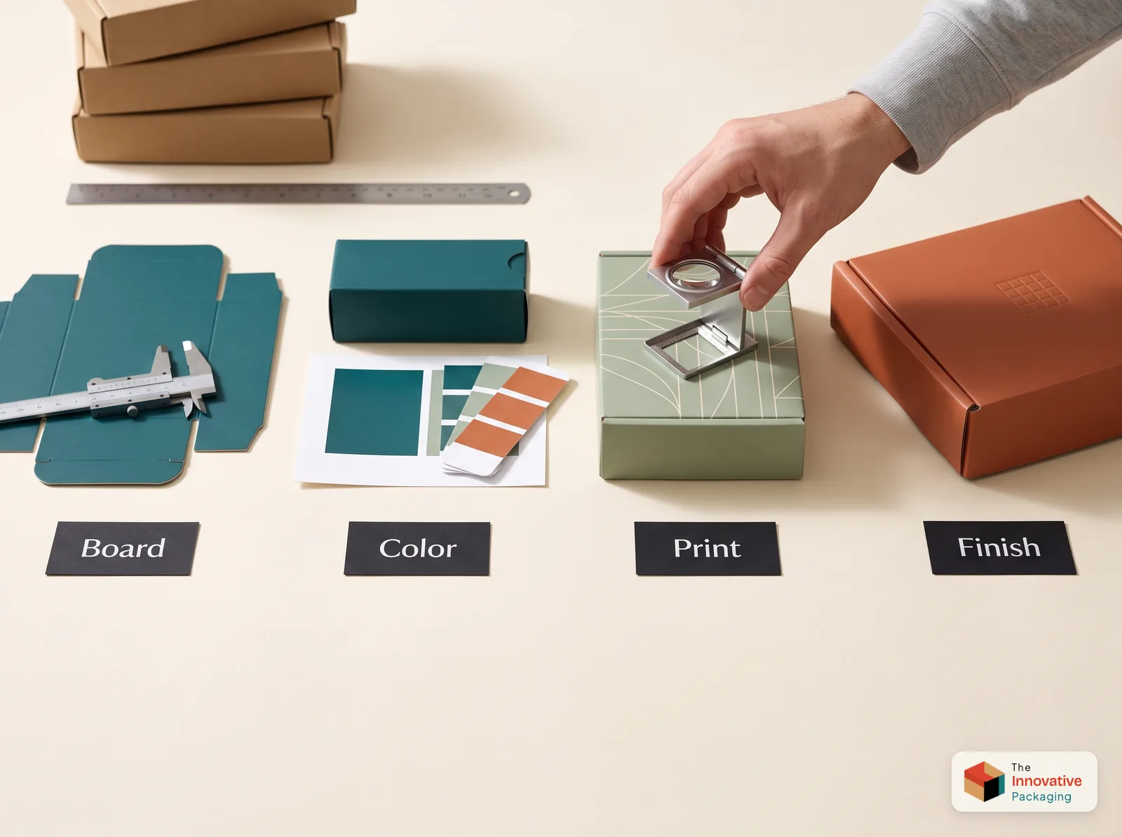 Custom box quality check station: board thickness, color match against the proof, print sharpness and finish
